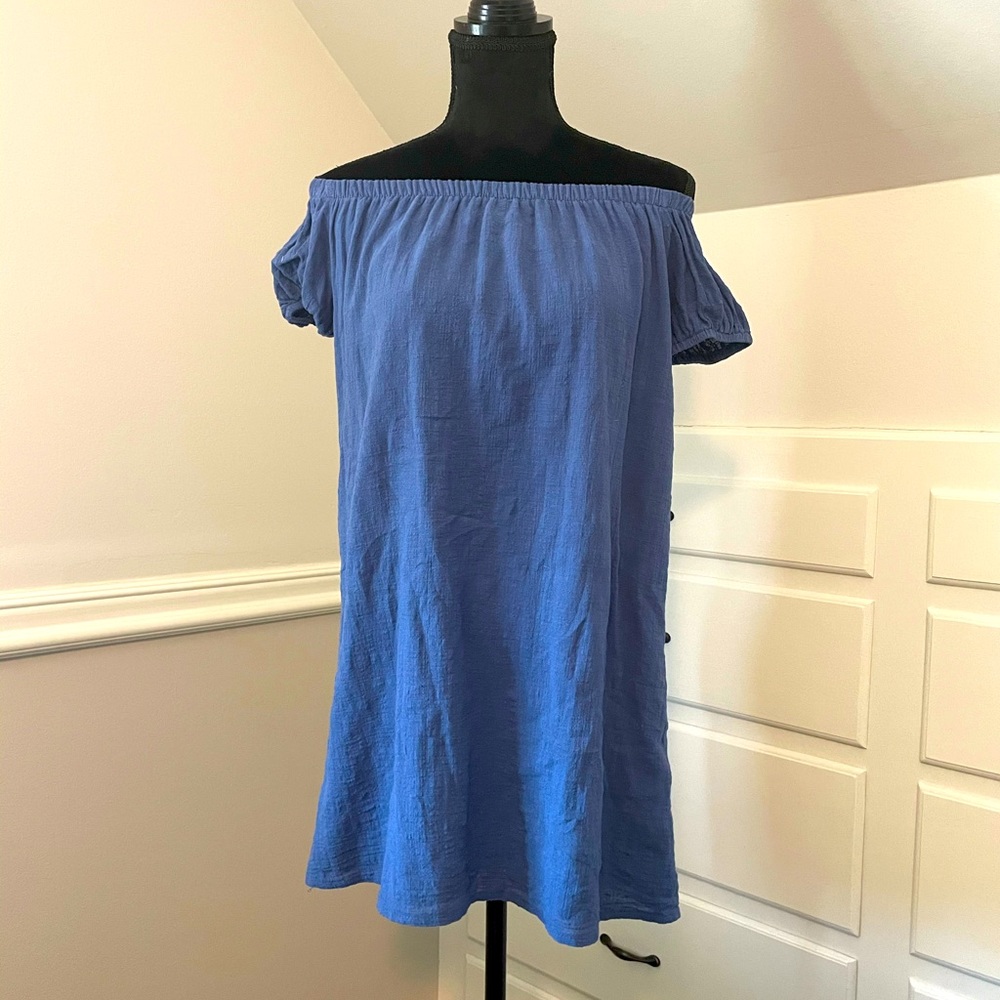 Off the shoulder blue linen dress